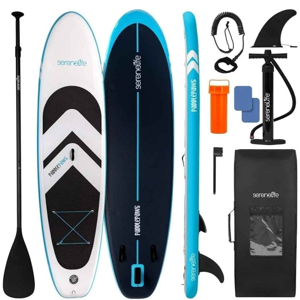 SereneLife Inflatable Paddle Board Set - Blue and Black